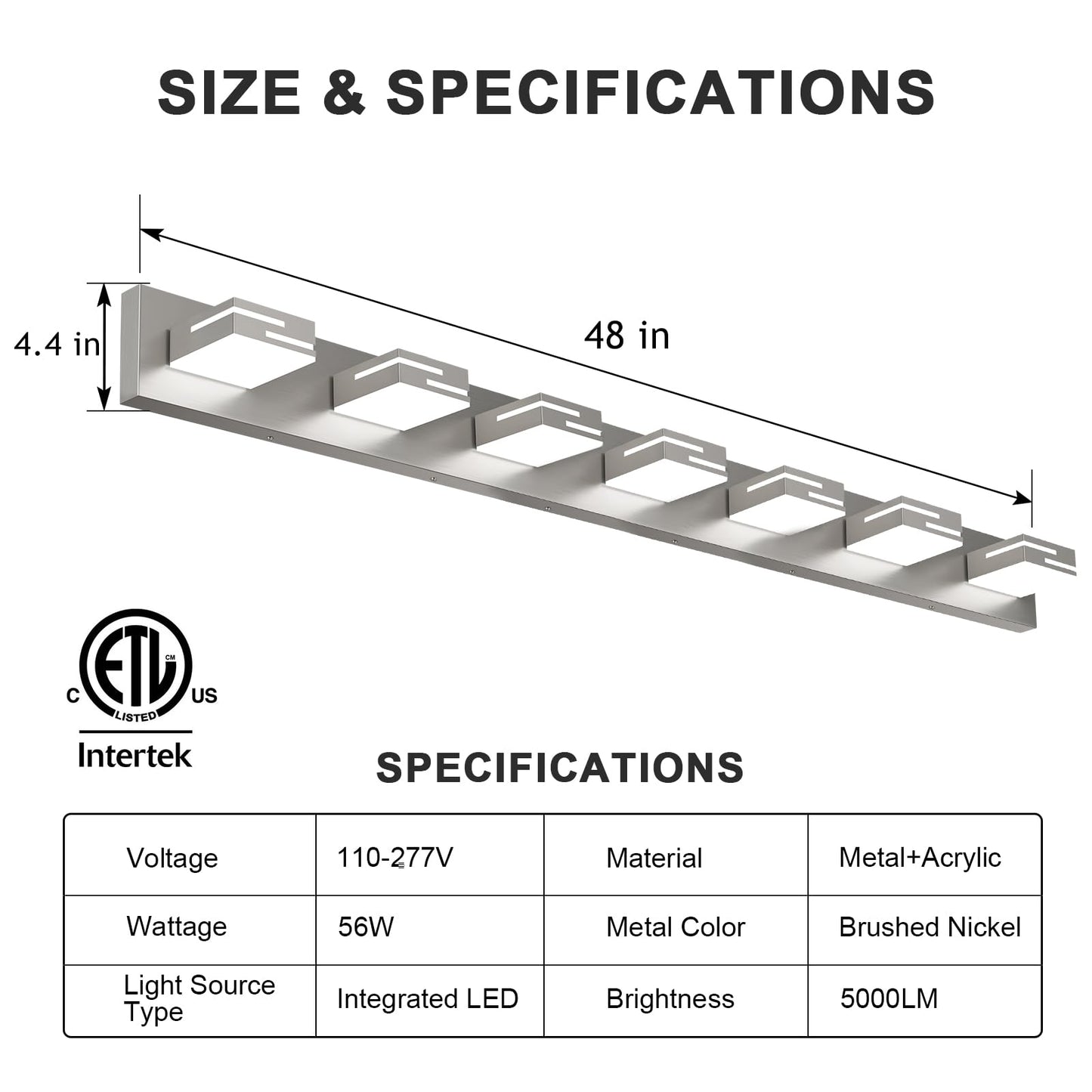 LKHF LED Modern Bathroom Vanity Light Fixtures, 7-Light 48-inch Dimmable Brushed Nickel Vanity Lights for Bathroom Lighting Fixtures Over Mirror, with 350° Rotatable Acrylic Heads (Cool White 6000K)