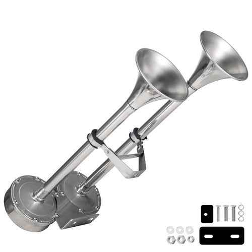 AOLIHAN 150db Boat Horn Deluxe: 12V Dual Horn Trumpet Upgrade - Polished Stainless Steel Marine Horns with Low & High Tones, Featuring Adjustable Horn Support（Upgraded Pair of Horns）