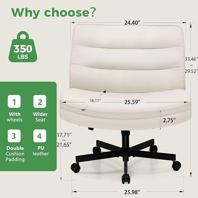 GTRACING Criss Cross Legged Office Chair with Wheels, Extra Wide Armless Comfy Desk Chair for Home Bedroom, 2 Layer Cushion Large Seat & Back Support X-Legged Chair, Beige PU Leather Adjustable Height