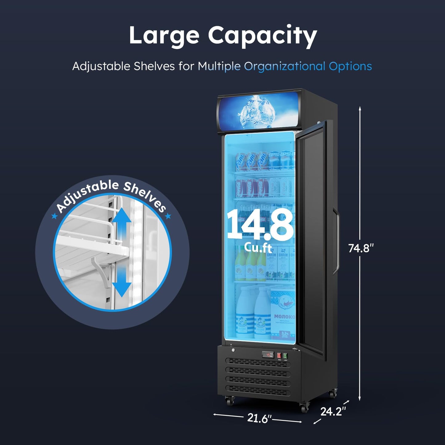 14.8 Cu Ft ETL & DOE Certified Commercial Merchandiser Refrigerator for Beverage,Glass Door Upright Display Fridge with Front LED Light,Large Freestanding Business Cooler for Shop,Restaurant,etc