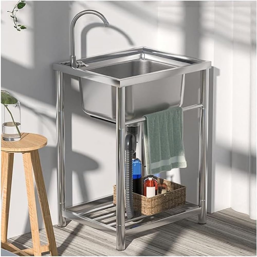 DuyviSteil Stainless Steel Single Bowl Commercial Restaurant Kitchen Sink, Free Standing Utility Tub Sink with Quick Connect Drain for Laundry Room Bathroom Farmhouse (22in)