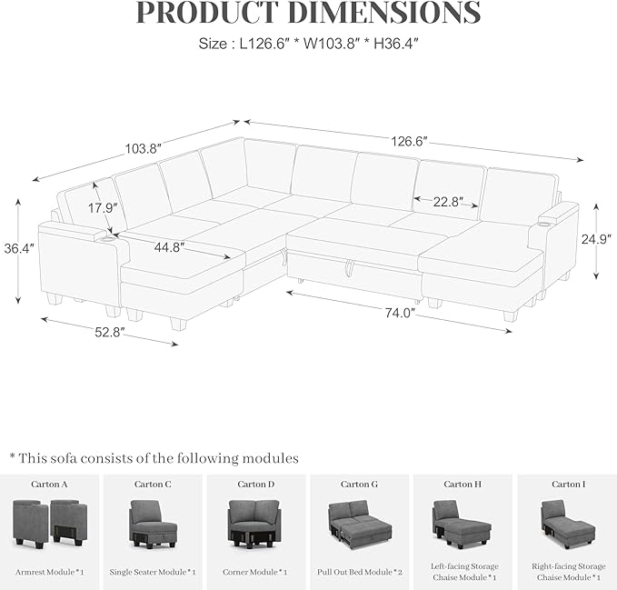 Belffin Oversized Sleeper Sofa U Shaped Modular Sectional Couch with Double Storage Chaise Convertible Sofa Bed. Light Gery Couch