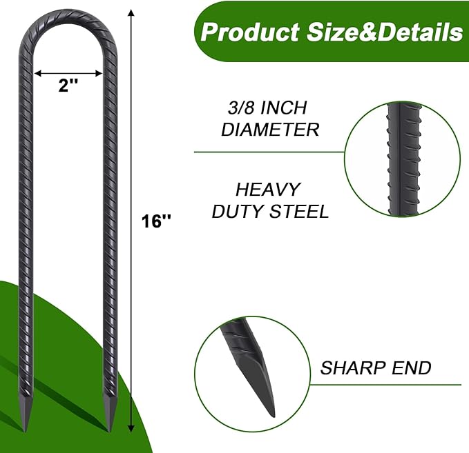 AAGUT Trampoline Stakes 16 Inch 8 Pack, 3/8 Inch Trampoline Tie Down Anchor Kit High Wind Heavy Duty, Black Coated Trampolines Accessories U Shaped Ground Rebar Stakes for Soccer Goal, Swing Set