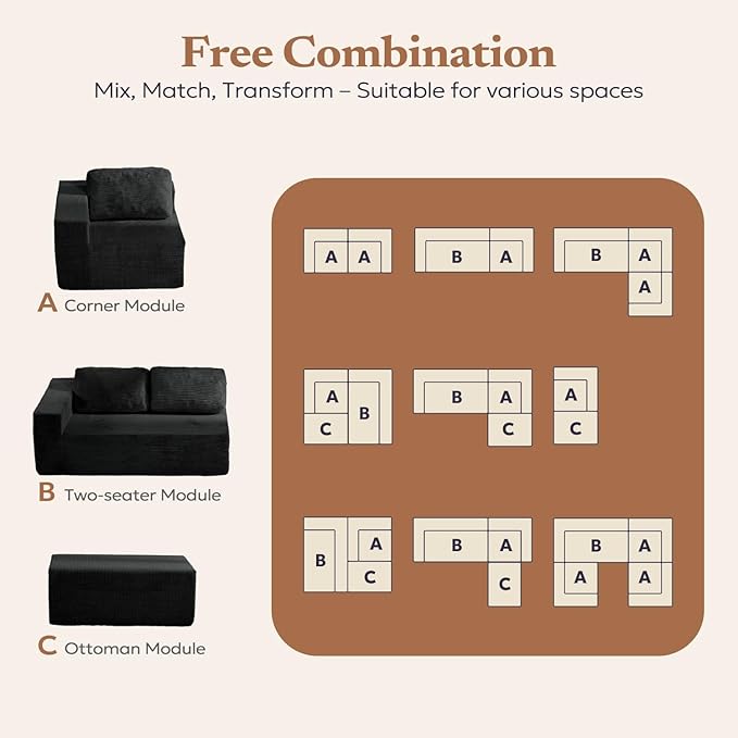 Furnify 106" Cloud Sectional Couch, Left/Right Facing Convertible Sofa with Deep Seat, L-Shape Modular Upholstered Foam Couch for Living Room Bedroom, No Assembly Required (Corduroy Fabric, Black)