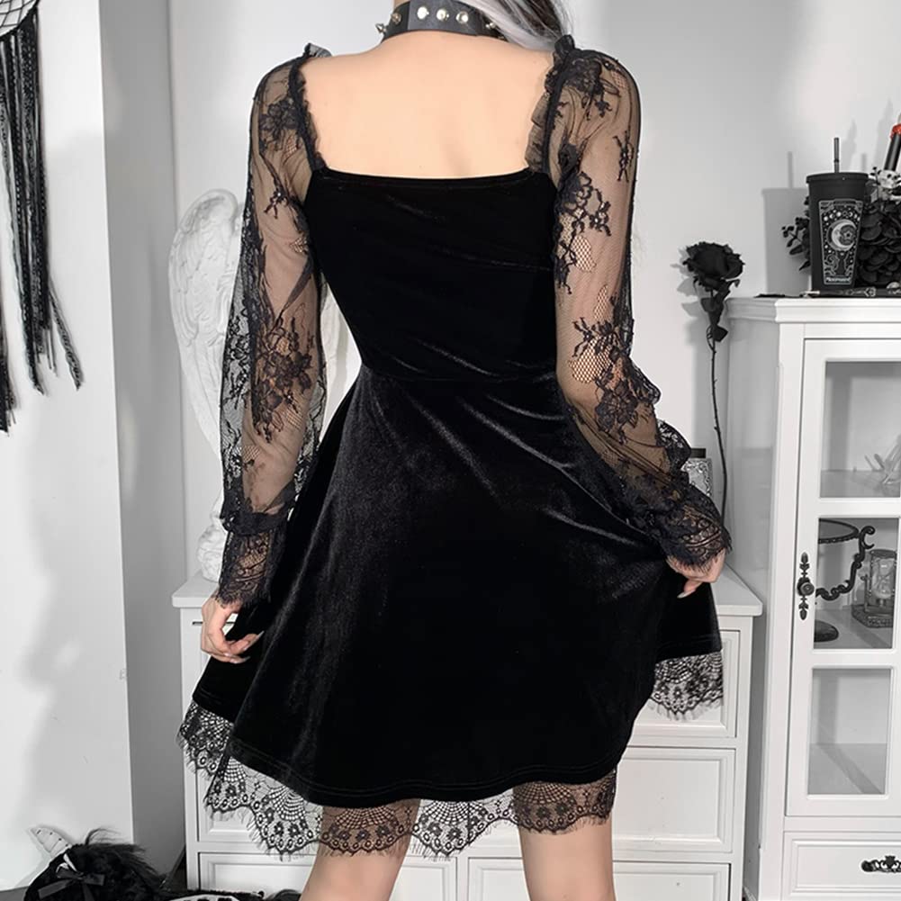 IKADEX Gothic Lolita Dress for Women Black Lace Dress Velvet Mini Dresses Goth Clothes for Teen Girls #A: Black S