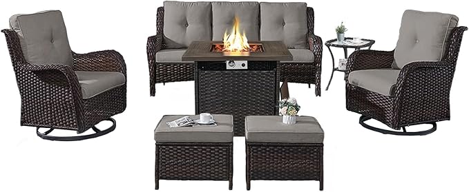 Belord Outdoor Patio Furniture Set with Propane Fire Pit Table, 7 Pieces Wicker Patio Conversation Set with 2 Swivel Glider Rocker Chair Rattan Sofa Grey Cushion Perfect for Casual Gathering