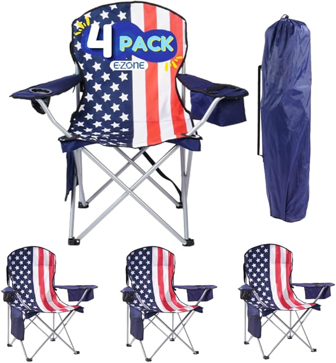 EZONE 4-Pack Camping Chairs with Built-in Ice Cooler, Portable Chair, Storage Pocket, Cup Holder, and Carry Bag Perfect for Camping, Tailgating, Fishing, Beach, and Lawn (4, Flag)