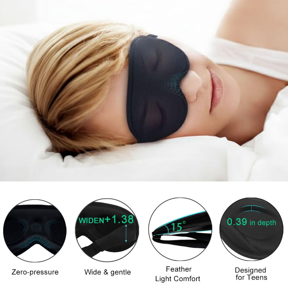3D Sleep Mask for Kids & Teens (8-18 Years), Zero Pressure & Blackout Eye Cover - Soft Breathable, Adjustable for Travel, Night Use & Deep Sleep