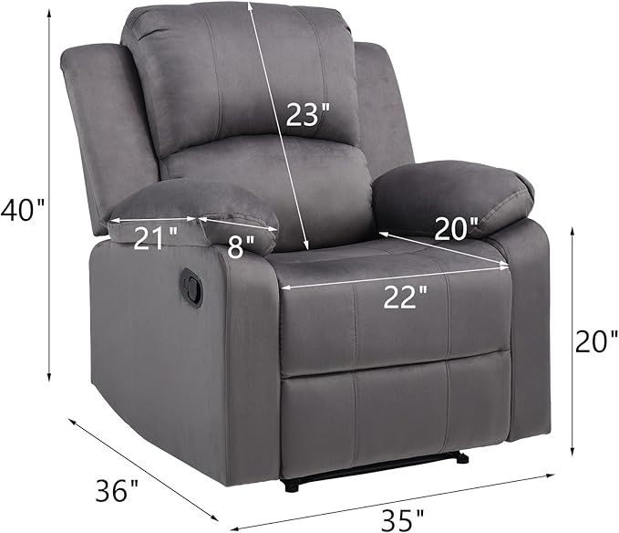 CANMOV Manual Recliner Chair, Soft Fabric Overstuffed Recliner Single Sofa Chair for Living Room Bedroom, Heavy Duty and Safety Reclining Mechanism, Dark Grey