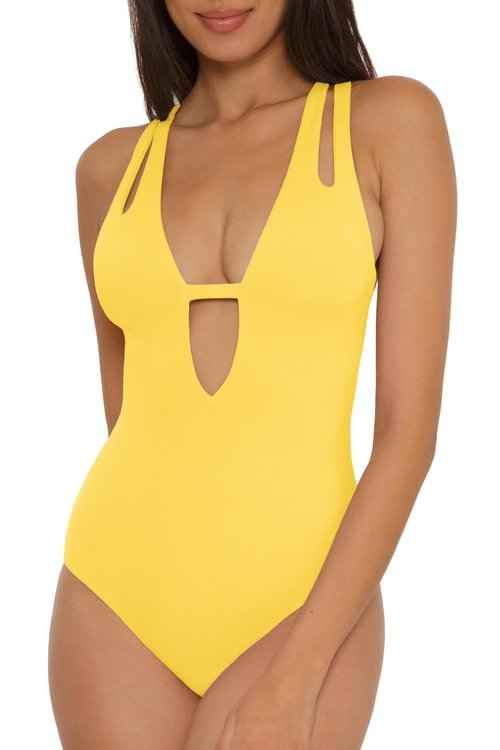 BECCA Color Prism - Women's One Piece Swimsuit, Cut-Out, Adjustable, Bathing Suits for Women, Banana, Large