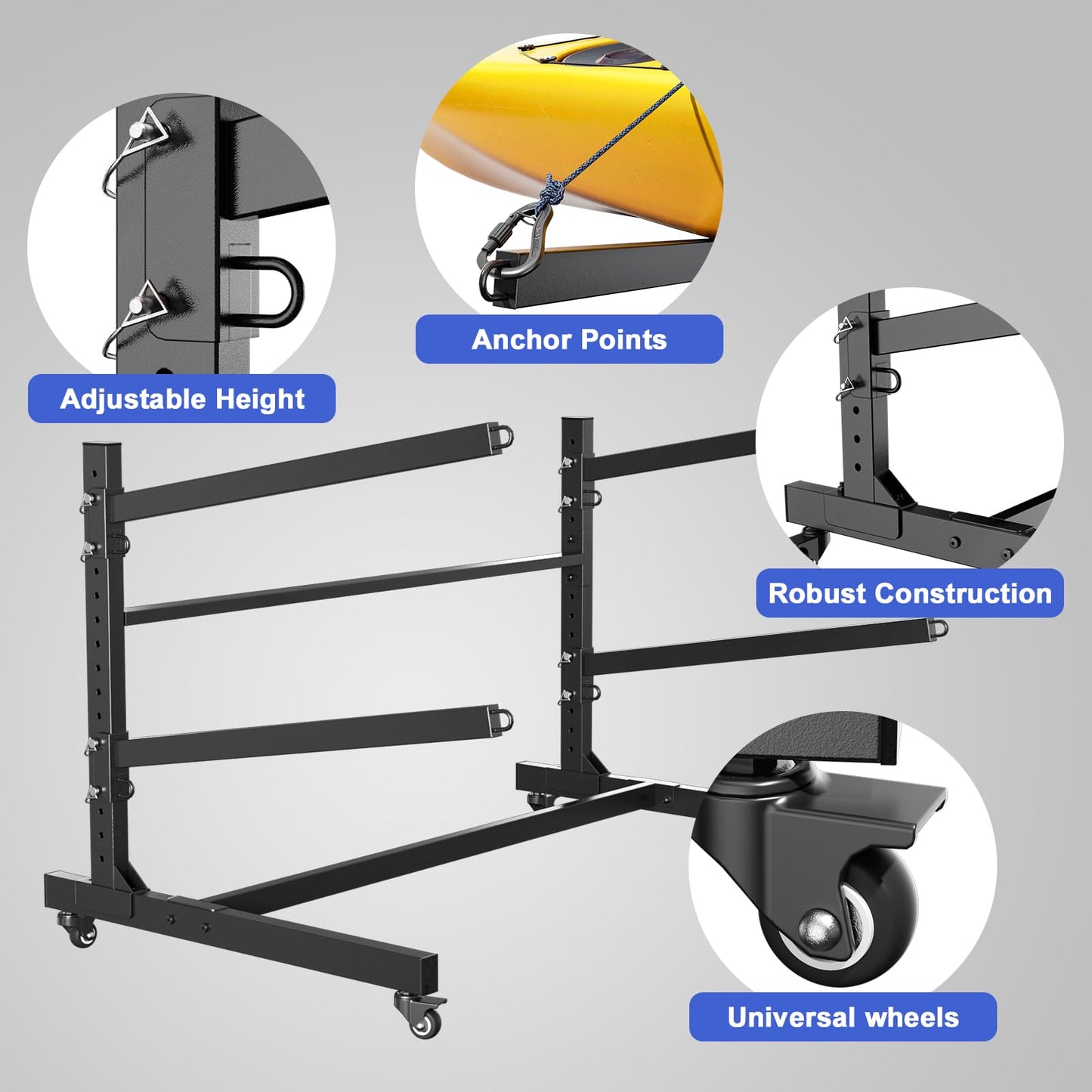 Baotree 2 Levels Heavy Duty Freestanding Kayak Storage Rack with Lockable Wheels, Adjustable Metal Stand for 2 Kayaks, Canoes, SUPs, Paddleboards & Surfboards, Indoor & Outdoor Use