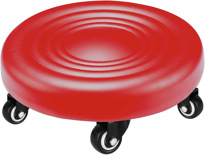 IMMER LIEBEN Low Rolling Stool with Wheels Low to Ground Roller Seat with 5 Universal Swivel Caster Wheels for Home Office Garage Shop Stools PU Leather High Density Cushion and Steel Red