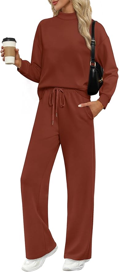 WIHOLL Two Piece Sets for Women Fall Outfits Lounge Sets Mock Neck Tops Wide Leg Pants Vacation Travel Airport Outfits