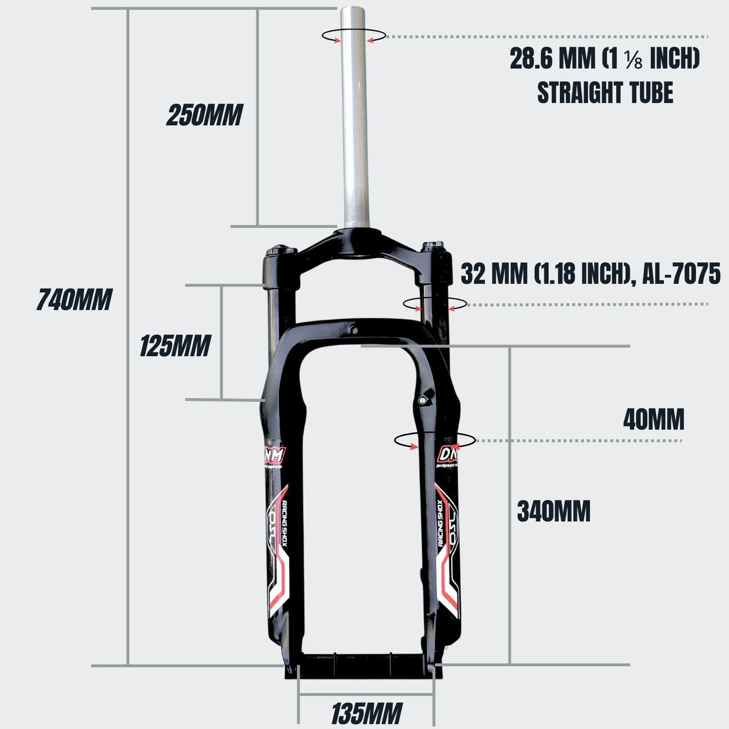 BRAKETB DNM OSL-Fat 20 x 4.0 Suspension Fork - Coil Spring - Straight - for Fat Tire Bike/EBIKE
