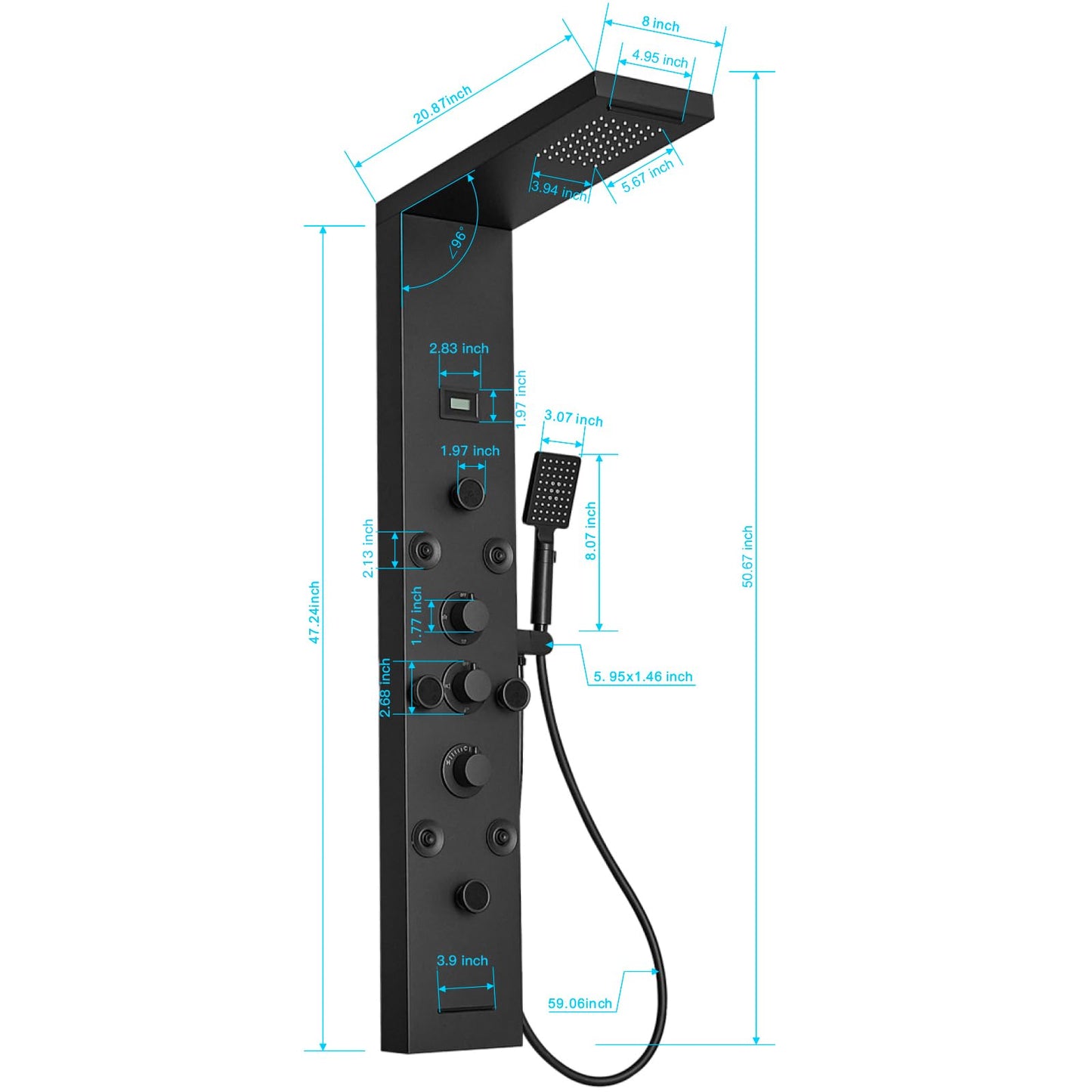 BWE Shower Panel Rainfall Waterfall with Handheld Shower Matte Black 6 IN 1 Stainless Steel Shower Tower Panel System Massage Body Jets with Tub Spout Water Temperature Display Wall Mount