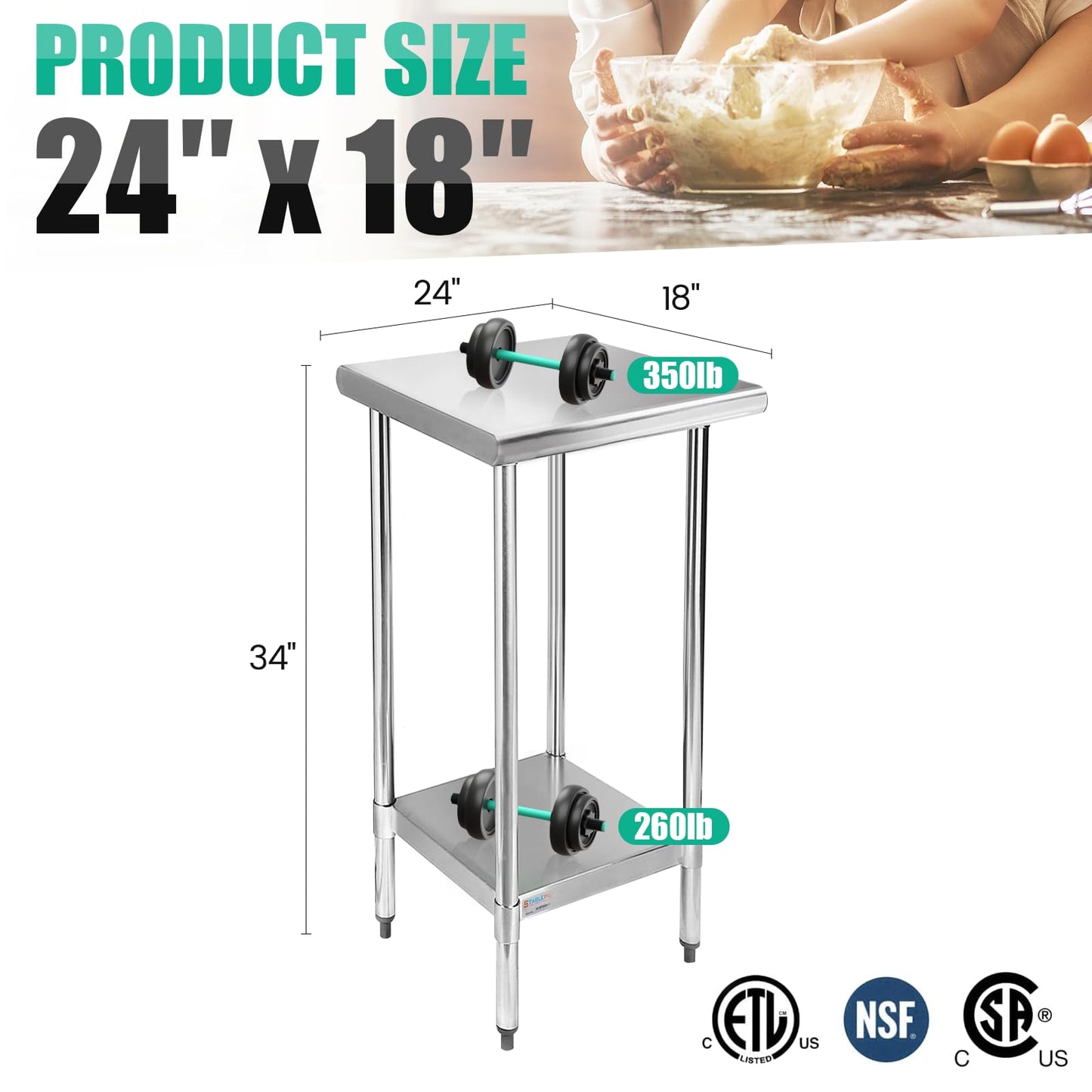 STABLEINK NSF Stainless Steel Table, 24 x 18 Inches Small Metal Prep & Work Table with Adjustable Undershelf, for Commercial Kitchen, Restaurant, Hotel and Garage