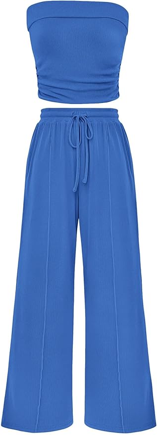 PRETTYGARDEN Womens Summer Outfits 2 Piece Sets Casual Ribbed Knit Crop Tube Top Wide Leg Pants Spring Matching Lounge Set