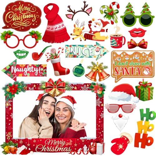 Christmas Photo Booth Props Kit, 24Pcs Fun Photo Props & Selfie Frame for Christmas Photos Decoration, Funny Santa & Ginge...