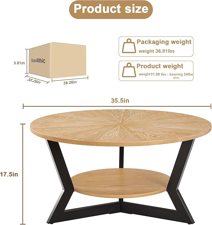 Gravilithic Round Wood Coffee Table for Living Room, 2-Tier Rustic Circle Coffee Table with Storage, 35”x 17” Real Wood Desktop with Metal Frame, Radial Pattern