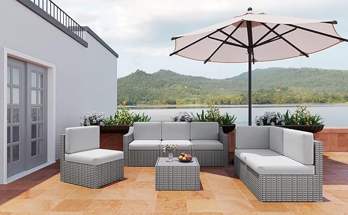 HAPPATIO 7 Piece Patio Conversation Set,Rattan Wicker Outdoor Sectional Sofa,All-Weather Patio Furniture Set,Multiple Combination Sofa. Patio sectional Set.(Gray/Beige)
