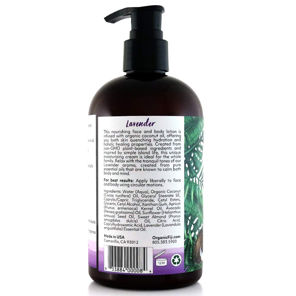 Coco Fiji Face & Body Lotion Infused With Coconut Oil | Lotion for Dry Skin | Moisturizer Face Cream & Massage Lotion for Women & Men | Lavender 12 oz, Pack of 1