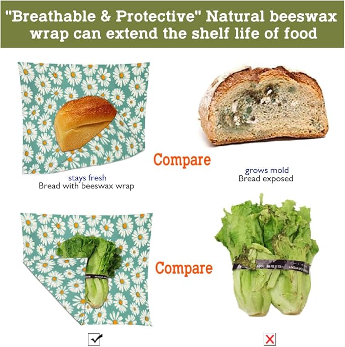 Beeswax Wraps for food 3-Pack, bee wraps reusable with Multi-function brush, Eco-Friendly to Wrap Fruits & Bread,sandwich Wraps (S,M,L) with Daisy Design