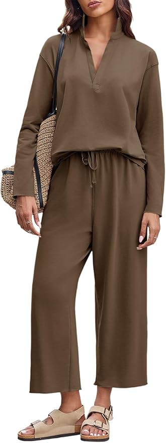 Imily Bela Womens 2 Piece Outfits Sweatsuit Long Sleeve Lapel V Neck Shirt and Wide Leg Pants 2025 Fall Trendy Tracksuit