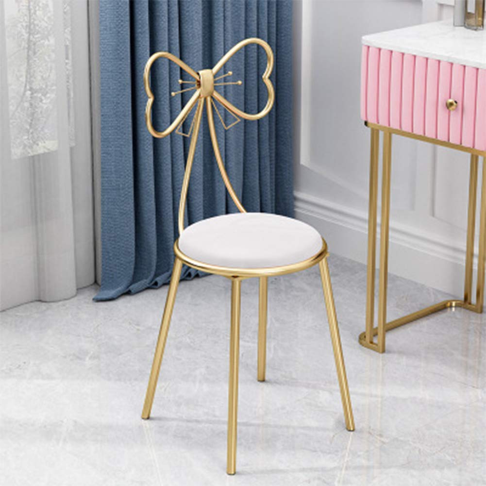 Gluck Plants Modern Makeup Vanity Stool, Cute Butterfly PU White Stool Ottoman Bench, Metal Legs Gold Dining Chair for Kitchen, Bedroom, Living Room