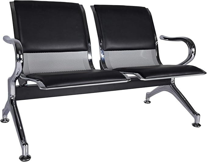 kinbor Waiting Room Chairs - Durable PU Leather Reception Bench with Armrests, 2-Seat Office Reception Guest Chairs for Office, Hospital, Airport, Bank & Lobby, Black