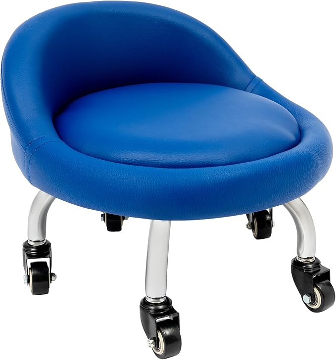 DouSeiAi Rolling Stool with Backrest 220 Lbs High Weight Capacity Foam Roller Seat and 5 Universal Wheels for Men Women Boy Girl Furniture Gift, Home Office, (Blue)
