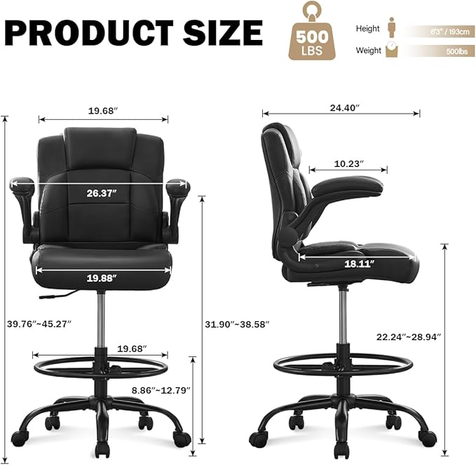 500 lbs Drafting Chair Tall Office Chair with Flip-up Armrests for Standing Desk Executive Ergonomic Computer Leather Desk Chair with Lumbar Support, Adjustable Foot Ring for Home or Drawing Use