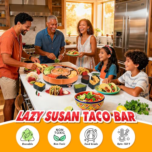 Taco Tuesday Kit - Taco Bar Serving Set for a Party with 33oz Heated Pot, 4 Taco Holders, Detachable Lazy Susan Tray, Perf...