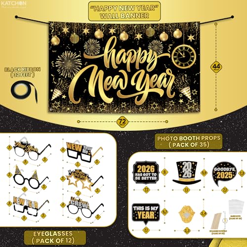 KatchOn, New Years Eve Party Supplies 2026 Set - Pack of 48 | Black and Gold Happy New Year Banner, New Year Photo Booth P...