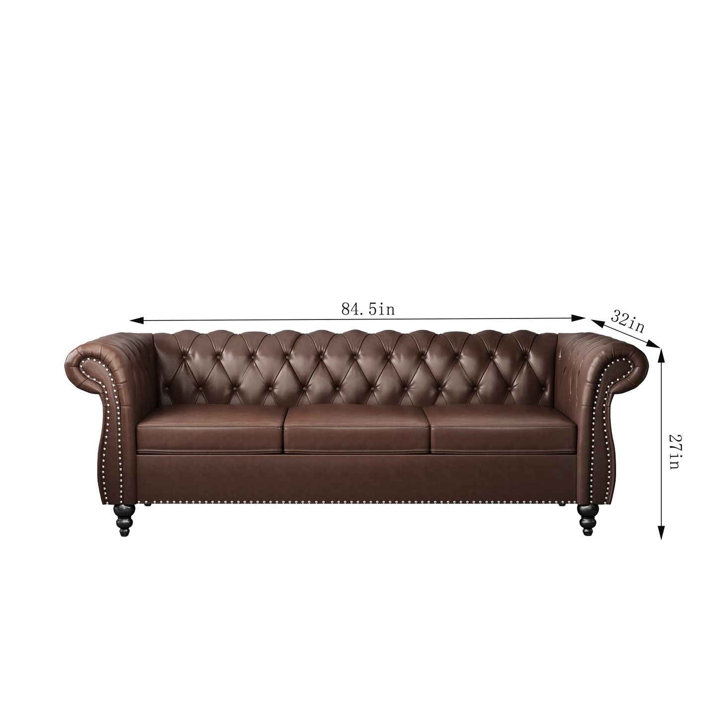 ONCIN Chesterfield Sofa Leather for Living Room, 3 Seater Sofa Tufted Couch Faux Leather with Rolled Arms and Nailhead for Living Room, Bedroom, Office, Apartment (Dark Brown)