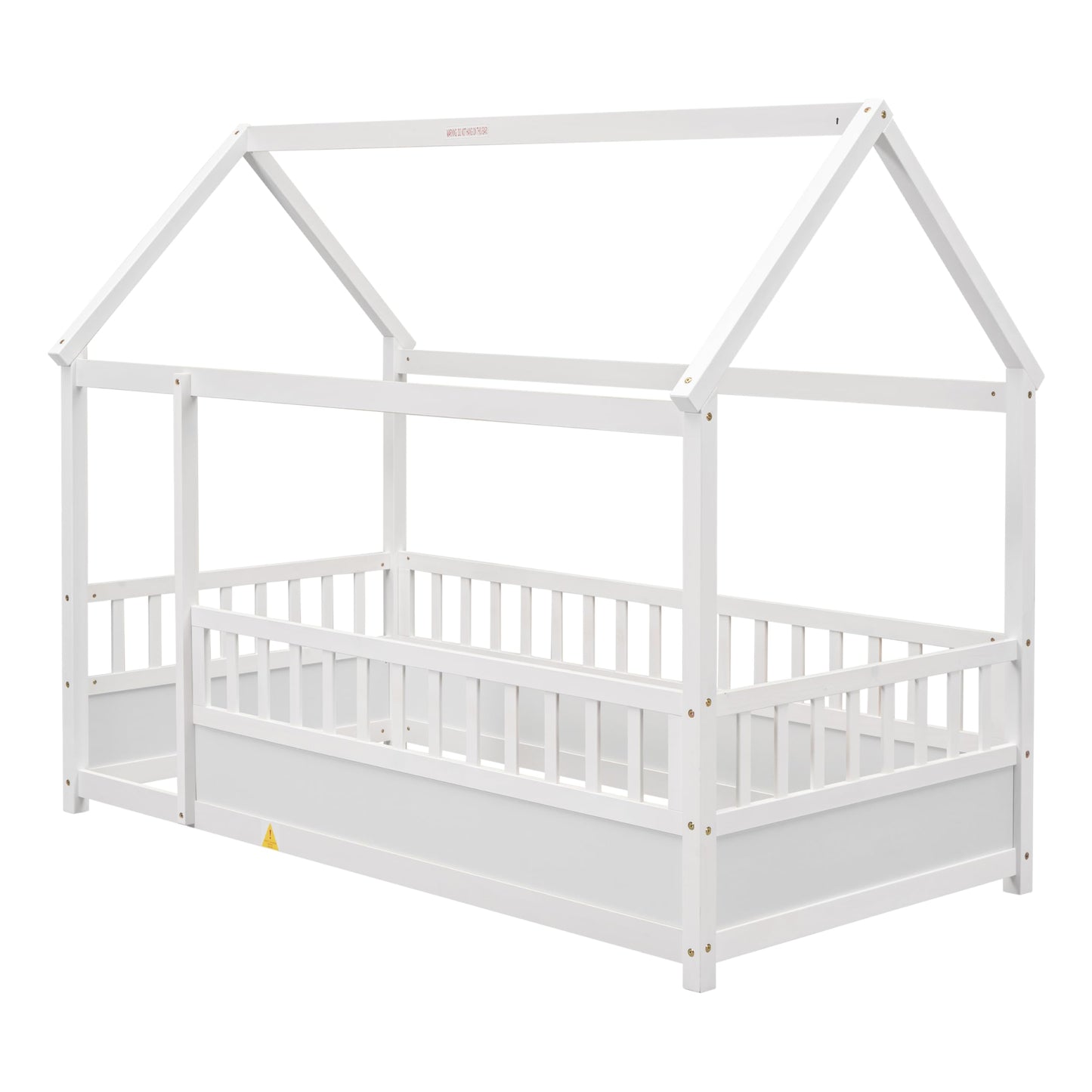 Kids Montessori Bed Twin Size, Twin Floor Bed with High Fence, House Beds for Kids, Girls, Boys, Wood Montessori Floor Beds Without Slats(White Twin)