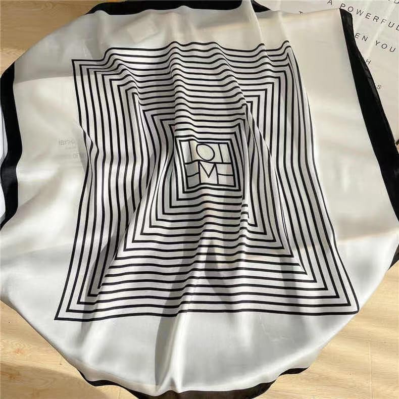 FairyCity Luxury Silk Square Scarf, Black and White Striped Pattern, Classic Geometric Design 35 inches
