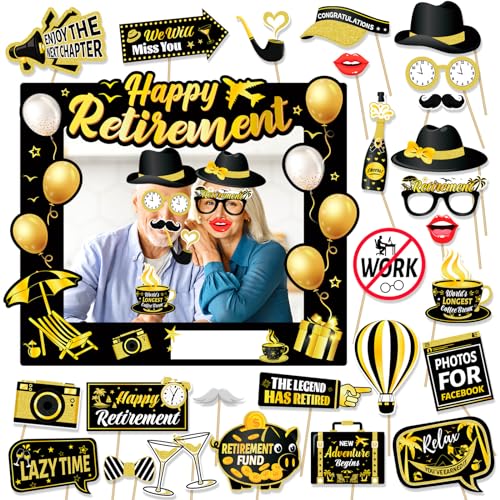 HOWAF Retirement Party Photo Booth Props Kit - 26pcs Selfie Props & 1 Frame, Fun Retire Party Favors