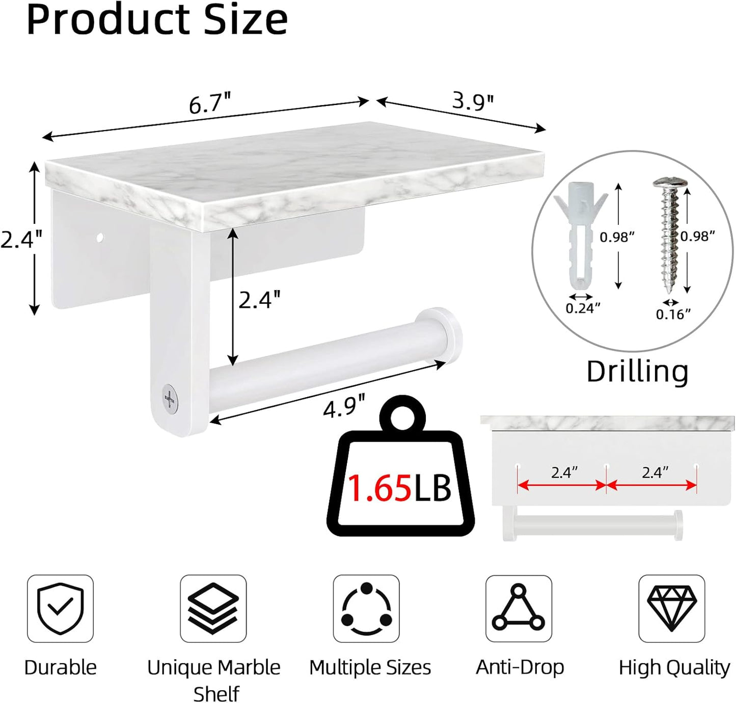 Toilet Paper Holder with Natural Marble Shelf, 304 Stainless Steel Screw Wall Mounted, Tissue Roll Paper Holder Dispenser for Bathroom Washroom White