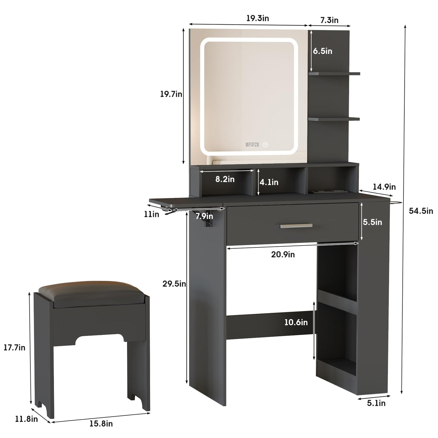 Fameill Vanity Desk with Mirror and Lights, Small Makeup Vanity with Drawer & Lots Storage Shelves, Black Dresser Table with Charging Station & Time Display, Vanity Set with Chair, for Bedroom