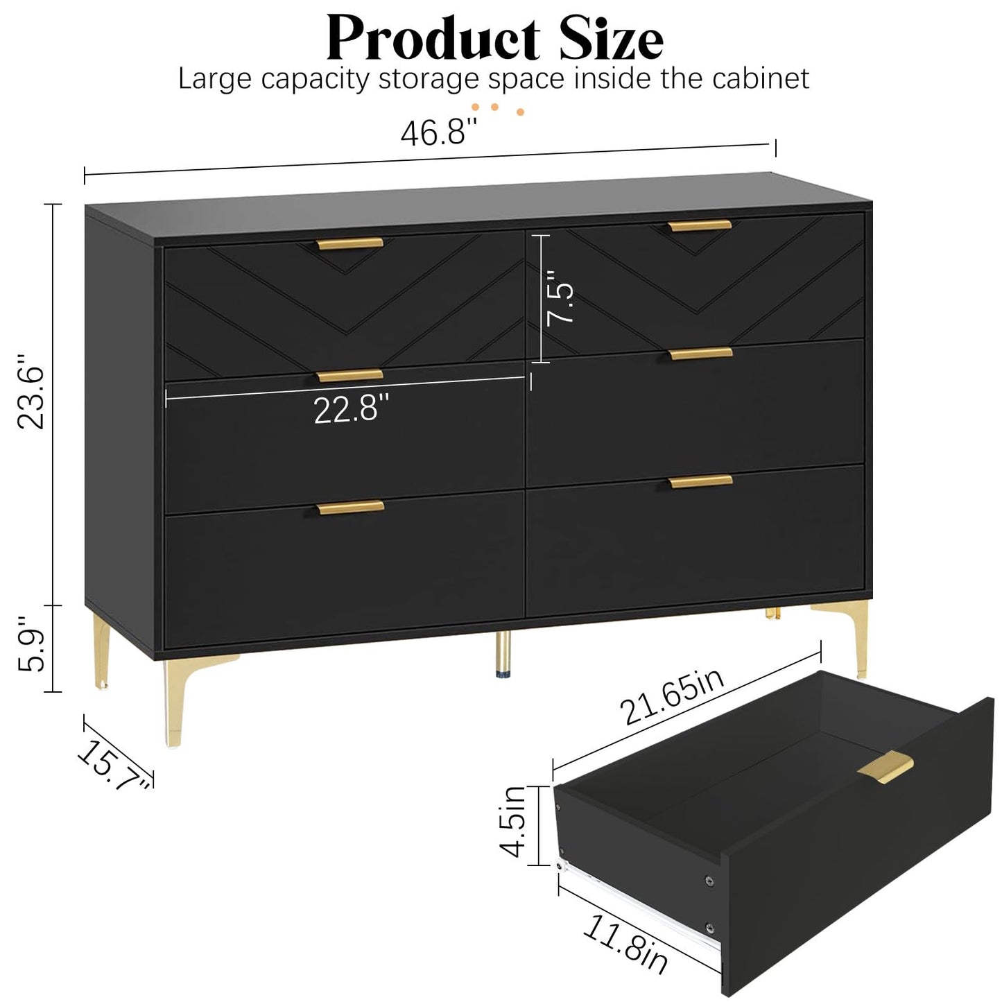 MAIYORIAT 6 Drawers Dresser for Bedroom, Modern Black Chest of Drawers Storage Chest Double Dresser Horizontal Dressers for Bedroom, Living Room, Entryway, Large Capacity (Black)