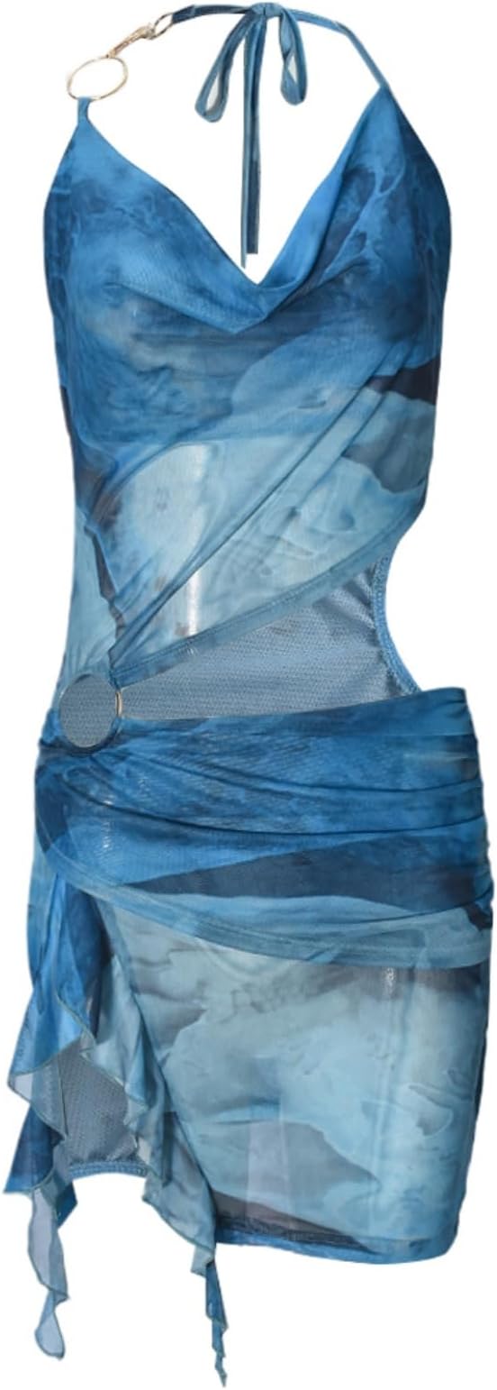 Novaorily Women Sexy Sheer Halterneck Mini Dress Hollow Out Colourful Mesh Floral Dress for Beach Party Night