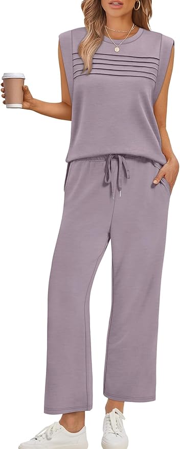 WIHOLL 2 Piece Sets for Women Summer Lounge Sets Travel Vacation Outfits Cap Sleeve Sweatsuit Side Slit Wide Leg Pants S-3XL