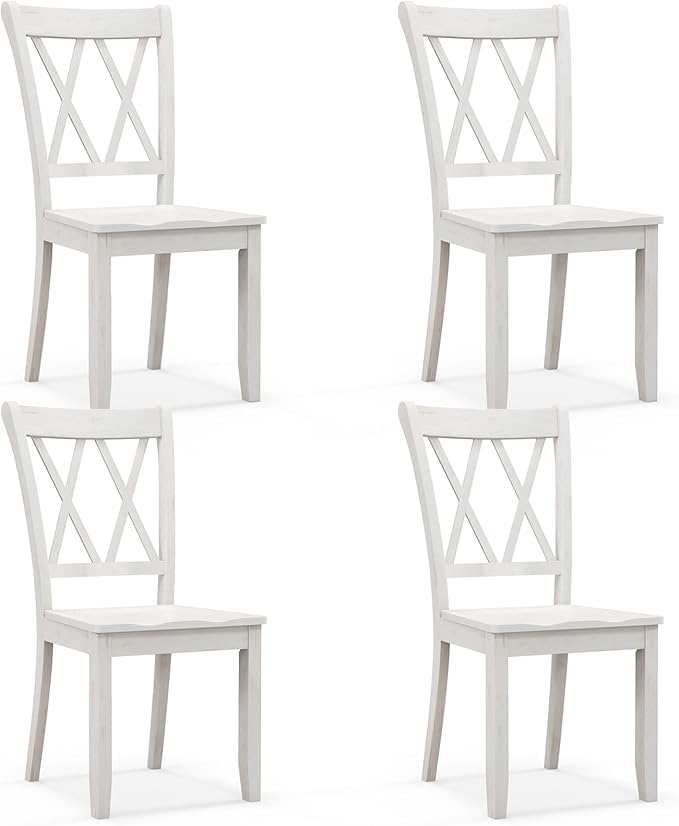 Giantex Wood Dining Chairs Set of 4 White, Rustic Armless Kitchen Chairs w/Rubber Wood Frame, Cross Back, Contoured Seat, Farmhouse Wooden Side Chairs, High Back Kitchen Chairs for Home Dining Room