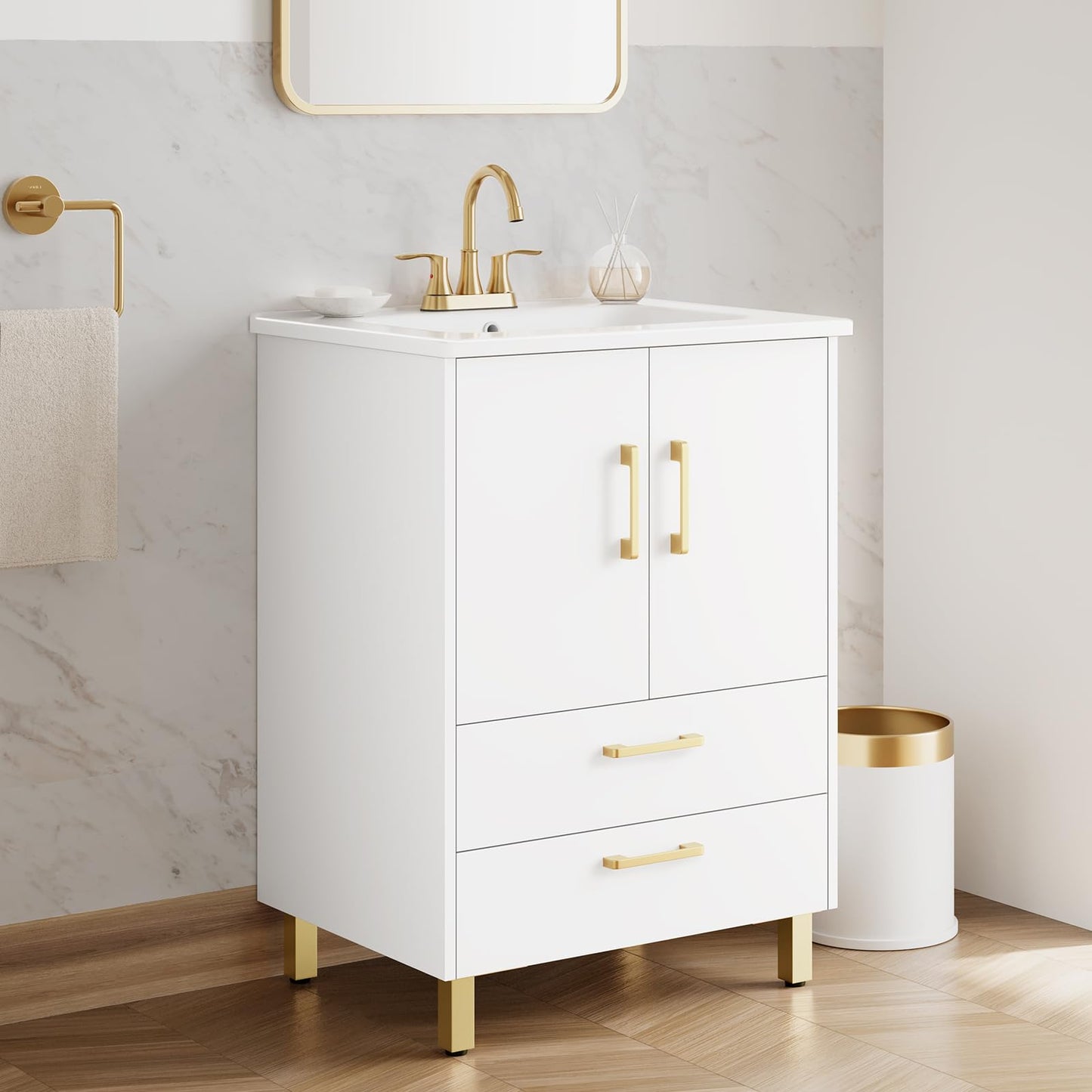 phiestina Fully Pre-Assembled 24 Inch White Bathroom Vanity with Ceramic Sink Combo, 2 Soft Close Doors and 2 Drawer Bathroom Storage Cabinet Set, BV02-WHITE-JH