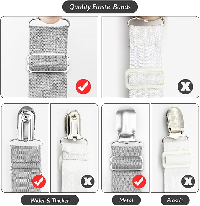 Foloda Bed Sheet Holders, 4 pcs Adjustable Fitted Sheet Straps for Bed Corner, bedsheet Holder Clips Fasteners Suspenders Locker Gripper Scrunchie, Keep Sheet in Place