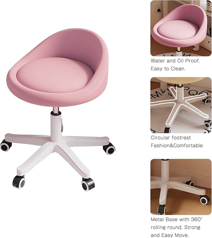 Walktory Round Rolling Stool with PU Leather Low Backrest, Hydraulic Height-Adjustable Swivel Chair for Spa, Salon, Tattoo, Massage, or Medical Office