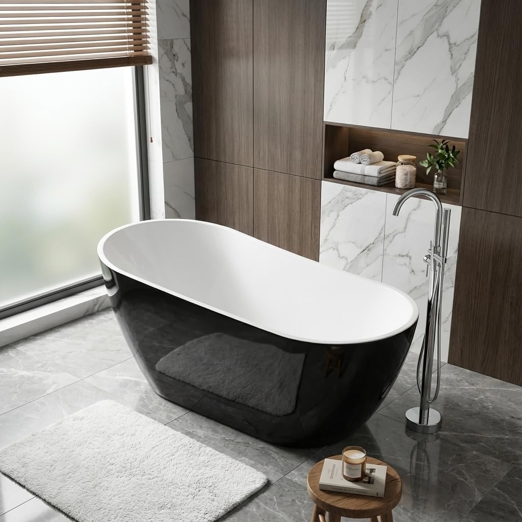 59" Acrylic Freestanding Bathtub, Contemporary Double-Walled Insulated Soaking Tub with Anti-Clog Drain & Overflow, cUPC Certified Heavy-Duty Resin Reinforcement, Black