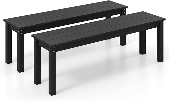 Tangkula HDPE Outdoor Bench, 2-3 Person Patio Bench, 55" Backless Garden Dining Bench with Slatted Seat, Weatherproof Park Bench for Entryway, Porch, Lawn & Backyard (Black,2)