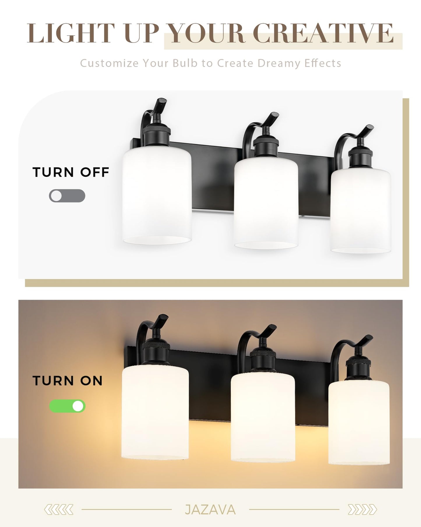 JAZAVA Black Vanity Light, 3-Light Bathroom Light Fixture, Modern Wall Sconce with Milk Glass, VL01BKW-3