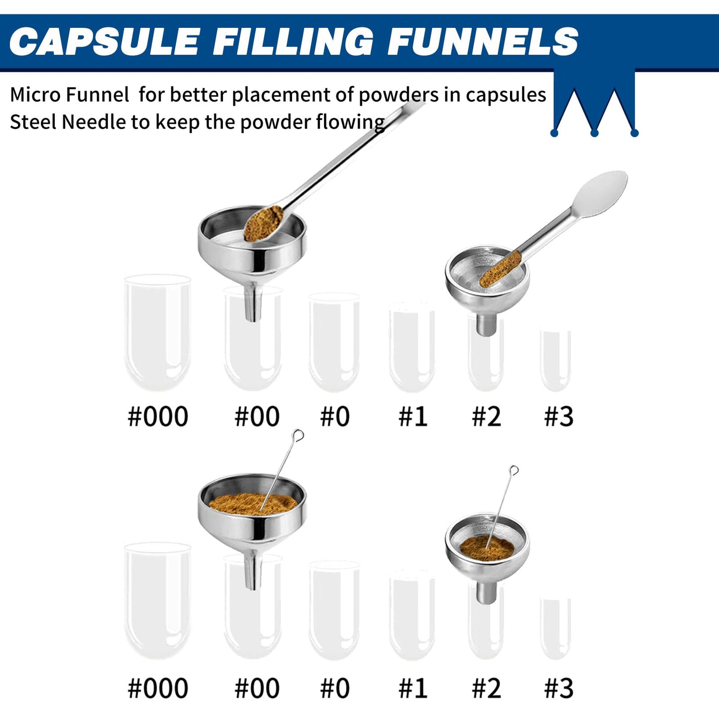 Capsules Filling Machine Tray Kit - 12Pcs Powder Tamper Capsule Holder Filler Maker Tool - Empty Gel Lab Scoops Tiny Spatula Micro Spoon Funnel Quick Fill Tools Size #000 00 0 1 2 3